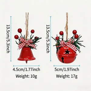 Vue détaillée présentant les dimensions et le poids de deux types de cloches de Noël rouges.