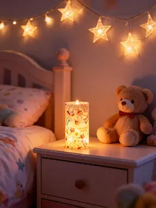 Vista detallada de una vela LED Happy Birthday iluminada en una mesita de noche.