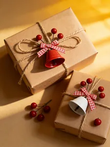 Détail de cloches de Noël avec baies rouges et corde de jute sur boîtes cadeaux