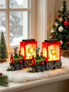 Close-up of two festive Christmas LED train lanterns on white fur rug