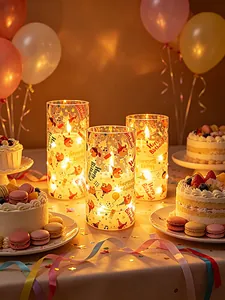 Velas electrónicas LED decorativas con patrones de Happy Birthday en cilindros de vidrio