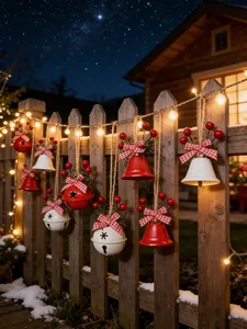 Cloches de Noël rouges et blanches avec nœuds écossais sur une clôture en bois