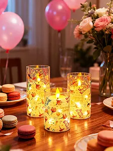 Velas LED cálidas con estampado Happy Birthday y motivos festivos para decoración fiesta