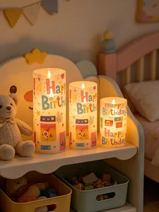 Set of three warm LED flameless candles with Happy Birthday prints for room decor