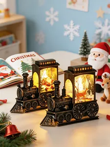 Macro detail of vintage bronze LED Christmas train lanterns with warm interior glow