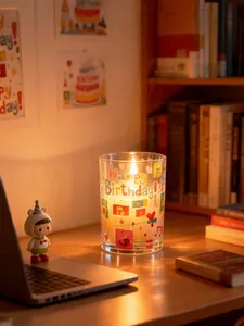 Warm light LED electronic candle with colorful Happy Birthday pattern in glass jar