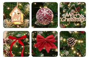 Detailed view of various Christmas tree ornaments including red bows and pine cones.