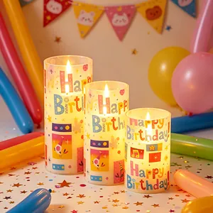 Festive set of 3 flameless LED birthday candles with colorful Happy Birthday print