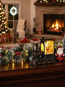 Cozy vintage style LED train lantern featuring a Santa Claus design for Christmas decor