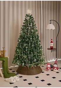 Detailed view of a large decorated artificial Christmas tree with warm lights in home