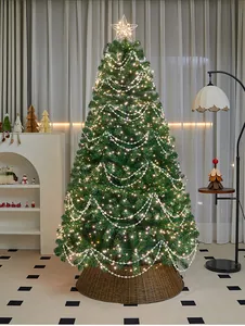 Large decorated Christmas tree with warm LED lights, star topper, and woven base