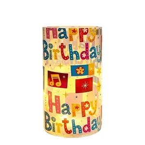 Decorative LED electronic candle featuring colorful 'Happy Birthday' print for parties