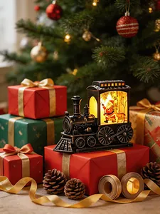 Vintage black LED train lantern night light featuring Santa Claus in a festive setup