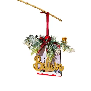 Nordic style wooden Christmas ornament with Believe glitter letters and plaid bow