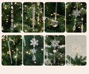 Detailed close-up views of various crystal-clear acrylic Christmas tree hanging ornaments set