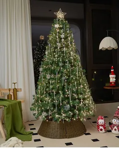 Full view of a decorated Christmas tree set in a warm living room with festive ornaments.