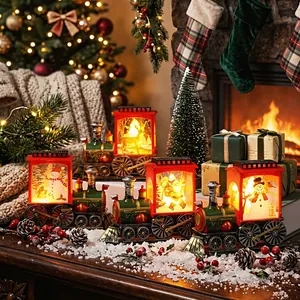 Christmas LED Train Night Light Vintage Electronic Candle Lamp Santa Claus Reindeer Snowman Pattern Holiday Party Table Decor