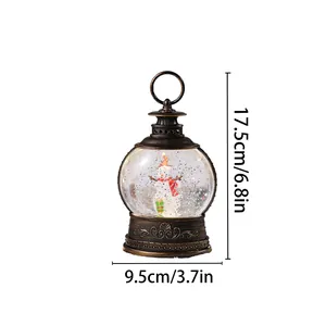 Vintage bronze Christmas lantern detail showing snowman globe and size dimensions