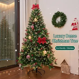 Luxury dense Christmas tree decorated with pine cones, red bows, and warm LED lights