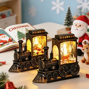 Vintage Christmas LED train lanterns decoration with Santa Claus and reindeer graphics