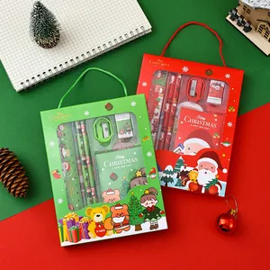 Detail view of the 6-piece Christmas stationery gift set with festive cartoon patterns.