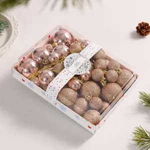Set of 42 rose gold Christmas ball ornaments in a clear gift box with glitter finish