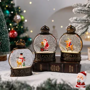 Detailed macro view of vintage Christmas lanterns with Santa and snowman scenes in water