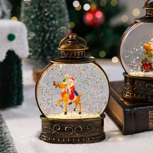 Close-up of a decorative Christmas water lantern featuring Santa riding a reindeer