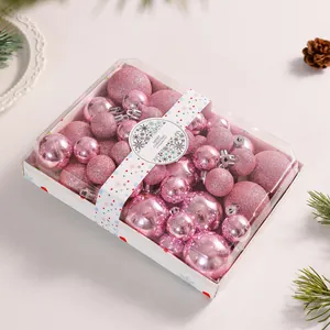 Boxed set of 42 pink glitter and shiny Christmas ball ornaments for tree decoration.