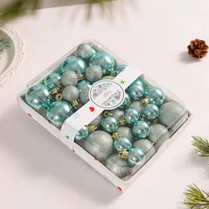 Set of 42 teal Christmas ball ornaments with shiny and glitter finishes in clear box