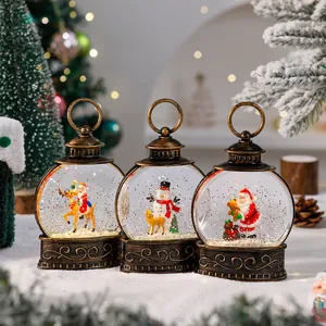 Set of vintage Christmas snow globe lanterns featuring Santa, Snowman and Reindeer characters