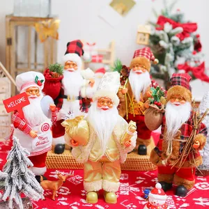 Group of five 12-inch standing Santa Claus dolls in various festive outfits