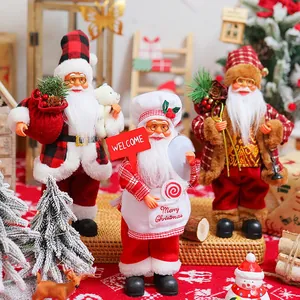 Three 12-inch standing Santa Claus figurines displayed in a festive holiday scene
