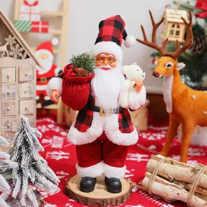 Detail of a 12-inch standing Santa Claus doll in red and black buffalo plaid.