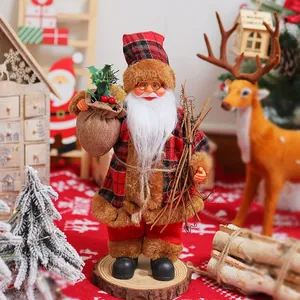 Detailed view of a 12-inch standing Santa Claus doll holding a burlap gift bag and twigs.