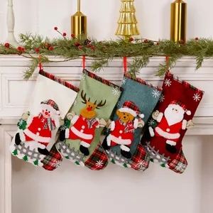 Large Christmas Stocking Gift Bag Polyester Linen Texture Santa Snowman Reindeer Bear Xmas Tree Hanging Ornament Bag