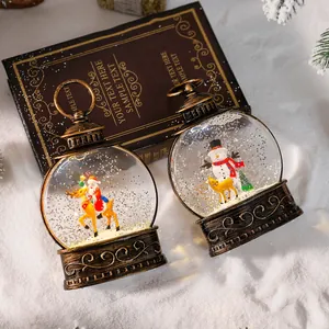 Detailed view of vintage Christmas snow globe lanterns with Santa and Snowman figures.