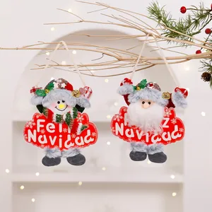 Detailed view of plush Santa and Snowman Christmas ornaments with Feliz Navidad signs