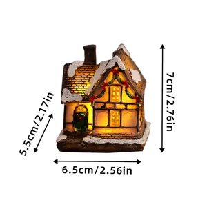 Miniature glowing Christmas resin snow house ornament with precise dimension markings