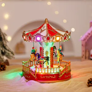 Detailansicht der leuchtenden Weihnachts-Karussell-Spieluhr mit bunten Pferden