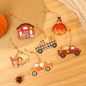 Thanksgiving Wooden Hanging Ornaments Harvest Festival Painted Turkey Red Barn Pumpkin Truck Ornaments Rustic Fall Home Decor For Party