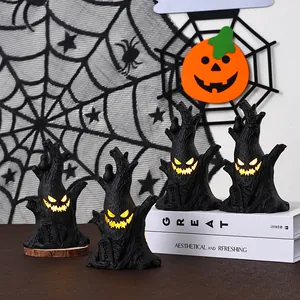 Halloween Glühendes Gespenster Baumstamm Lampe Schwarz Kunststoff LED Kerzenlicht Mit RIP Grabstein Gruseliges Gesicht Innen Tischdekoration