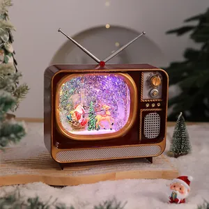 Detailed view of a retro TV snow globe featuring Santa Claus and colorful LED lights