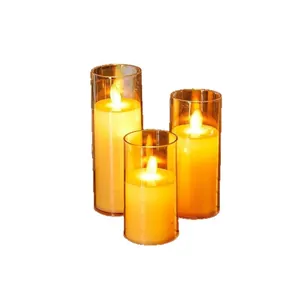 Set of 3 flickering amber glass LED electronic candles for wedding and party decor