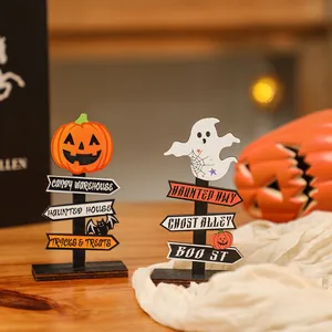 Panneau de Table en Bois d'Halloween Design Fantôme Citrouille Ornement de Bureau pour Fête de Maison Hantée Signe Décoratif en Bois