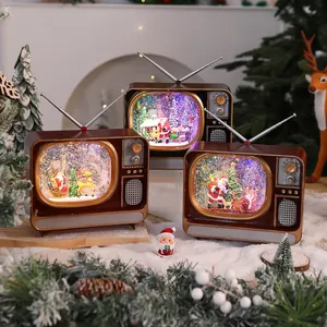 Vintage Christmas TV Music Box Snow Globe with LED Light Automatic Snowfall Santa Reindeer Scene Holiday Home Desktop Decoration