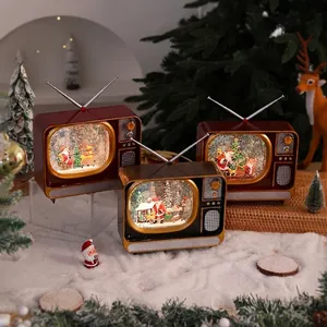 Retro TV-shaped Christmas music box snow globe with Santa scene and colorful LED lights
