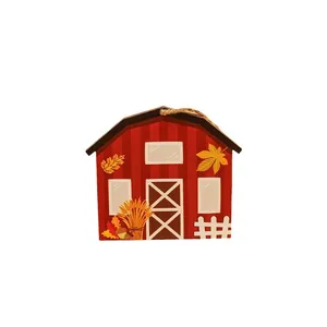 Rustic red wooden barn hanging ornament for Thanksgiving and autumn harvest decor