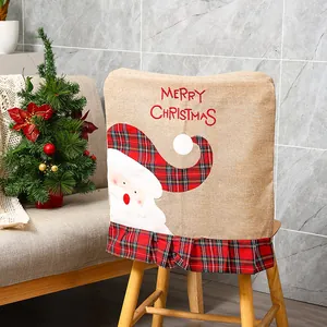 Burlap Christmas chair cover featuring embroidered Santa Claus motif and red plaid ruffles
