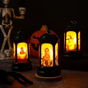 Lanternes d'Halloween rétro avec éclairage LED chaud et motifs de cimetière effrayants